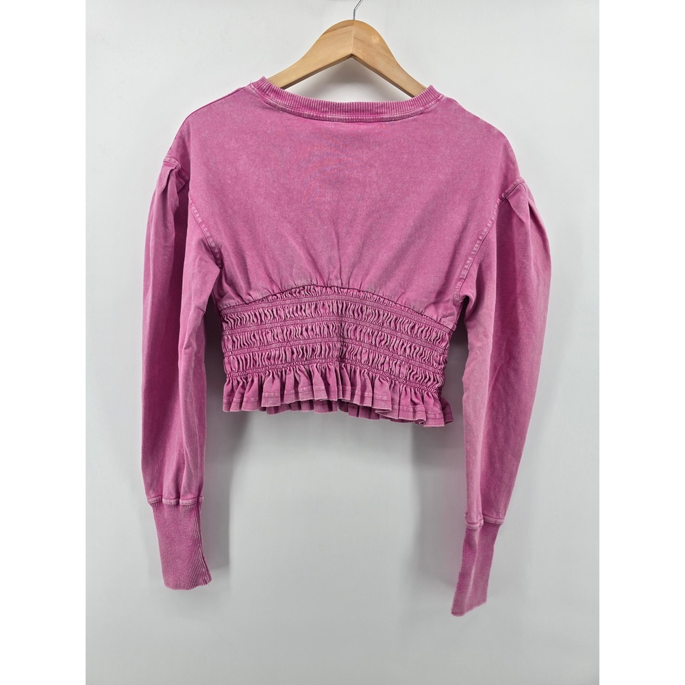 Free People Sweatshirt Womens XS Pink Smocked Ruffled Cropped Puff Sleeve Boho - Picture 3 of 4